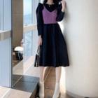Set: Long-sleeve Midi A-line Dress + Rib Knit Camisole Top