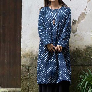 Long-sleeve Polka Dot Midi A-line Dress
