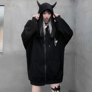 Devil Horn Zip Hoodie Black - One Size