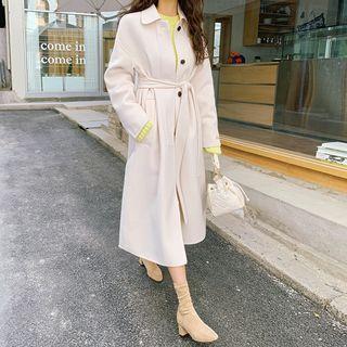 Handmade Single-breasted Herringbone Long Coat With Sash