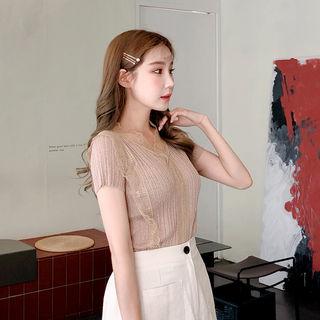 Short-sleeve Lace-trim Knit Top Brown - One Size