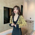 Leopard Print Cropped Cardigan / Back-slit Pencil Skirt / Set