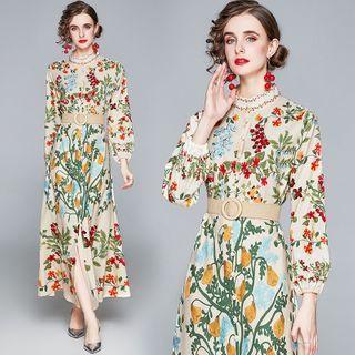 Long-sleeve Floral Print Mock-neck Midi Dress