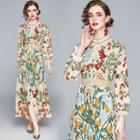 Long-sleeve Floral Print Mock-neck Midi Dress