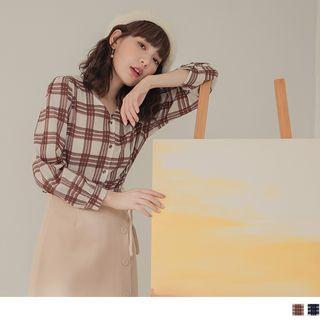 Puff Sleeve V-neck Plaid Blouse