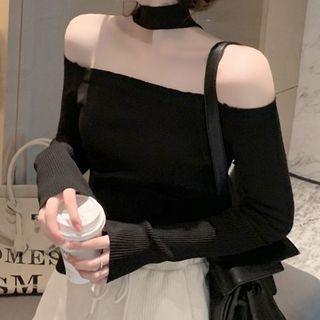 Long-sleeve Off-shoulder Mock-neck Knit Top