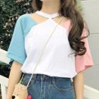 Elbow-sleeve Color Block Cut-out T-shirt