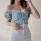 Puff-sleeve Off-shoulder Lace Up Crop Top Blue - One Size