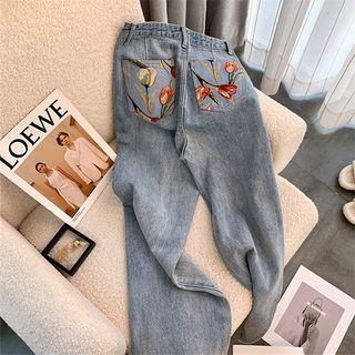 Mid Rise Embroidered Wide Leg Jeans