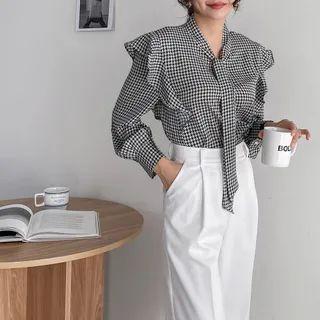 Scarf-neck Ruffled Houndstooth Blouse