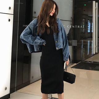 Buttoned Denim Jacket / Spaghetti Strap Knit Dress