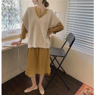 Long-sleeve Plain Shirt Dress / Sleeveless V-neck Knit Vest