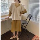 Long-sleeve Plain Shirt Dress / Sleeveless V-neck Knit Vest