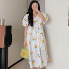 Puff-sleeve Floral Print A-line Dress Yellow Flowers - White - One Size