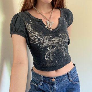 Graphic Print Short Puff-sleeve T-shirt