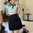 Short-sleeve Polo-neck Crop Knit Top / Mini A-line Skirt