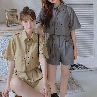 Set: Elbow-sleeve Cargo Shirt + High-waist Shorts