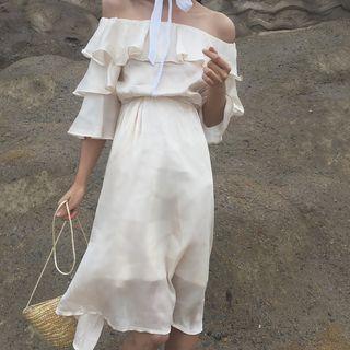 Set: Flounced Off-shoulder 3/4 Sleeve Top + A-line Skirt