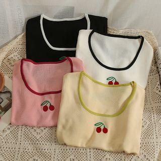Asymmetrical Cherry-embroidered Crop T-shirt