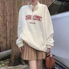Zip-up Lettering Embroidered Long-sleeve Sweatshirt / High-waist Accordion Pleat Mini Skirt