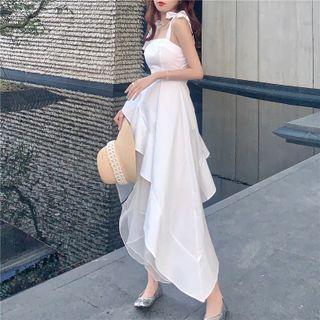 Sleeveless Plain Asymmetrical Top / Mesh Panel Skirt