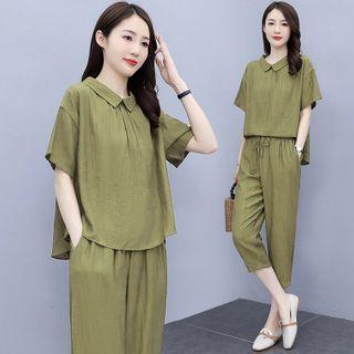 Set: Short-sleeve Plain Blouse + Cropped Harem Pants