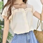 Square-neck Striped Short-sleeve Ruffled Blouse