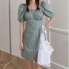 Gingham Short-sleeve A-line Dress Green - One Size