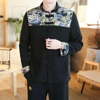 Set: Print Frog-button Linen Blouse + Straight-leg Pants
