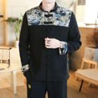 Set: Print Frog-button Linen Blouse + Straight-leg Pants