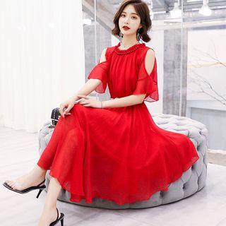 Elbow-sleeve Cold Shoulder A-line Party Dress