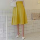 Double-button Satin Long Flare Skirt