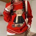 Bear-printed Piped Sweater