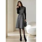 Mock-neck Checked Midi Knit Dress With Belt Ivory - One Size