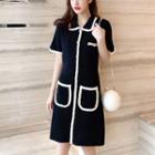 Short-sleeve Contrast Trim Knit Midi A-line Dress Black - One Size