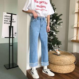 Heart Embroidery Cropped Straight-fit Jeans