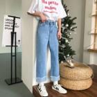 Heart Embroidery Cropped Straight-fit Jeans