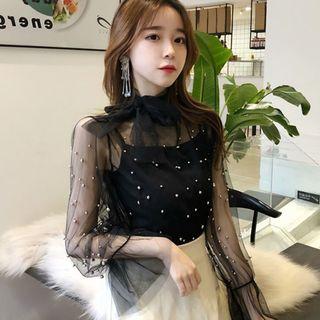 Set: Embellished Mesh Long-sleeve Top + Camisole Top