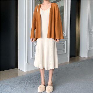 Tie-waist Cardigan / Sleeveless A-line Midi Knit Dress