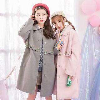 Flower Embroidered Scallop Trim Long Coat