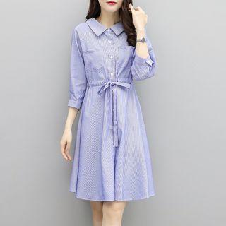 Striped Drawstring-waist Collared Dress