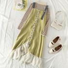 Striped Long-sleeve T-shirt / Ruffle Hem Midi Jumper Dress