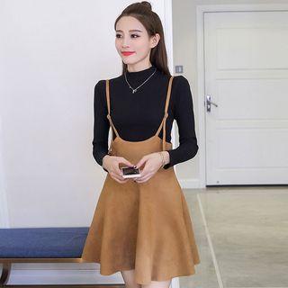 Set: Plain Long Sleeve Knit Top + Spaghetti Strap Suspender Skirt