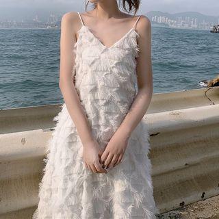 Tie-neck Sheer Blouse / Spaghetti-strap Fringe Dress