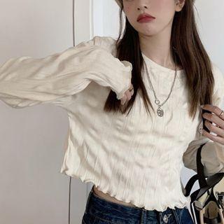 Long-sleeve Lettuce Edge Cropped T-shirt Beige - One Size