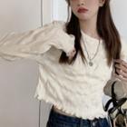 Long-sleeve Lettuce Edge Cropped T-shirt Beige - One Size