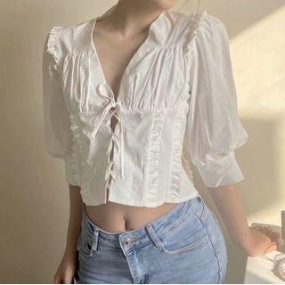V-neck Ruffle Trim Lace-up Cropped Blouse