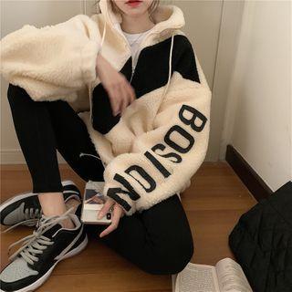 Faux Shearling Lettering Zip Hoodie