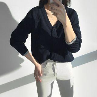 V-neck Contrast-trim Cardigan One Size