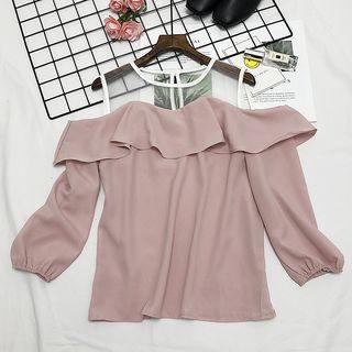 Mesh Panel Cold Shoulder Chiffon Blouse